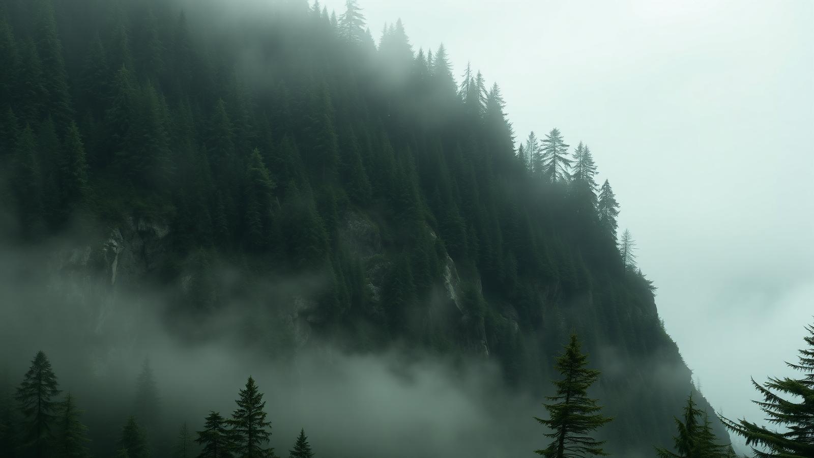 Mist over the Douglas fir forest and granite cliffs of Squamish, British Columbia